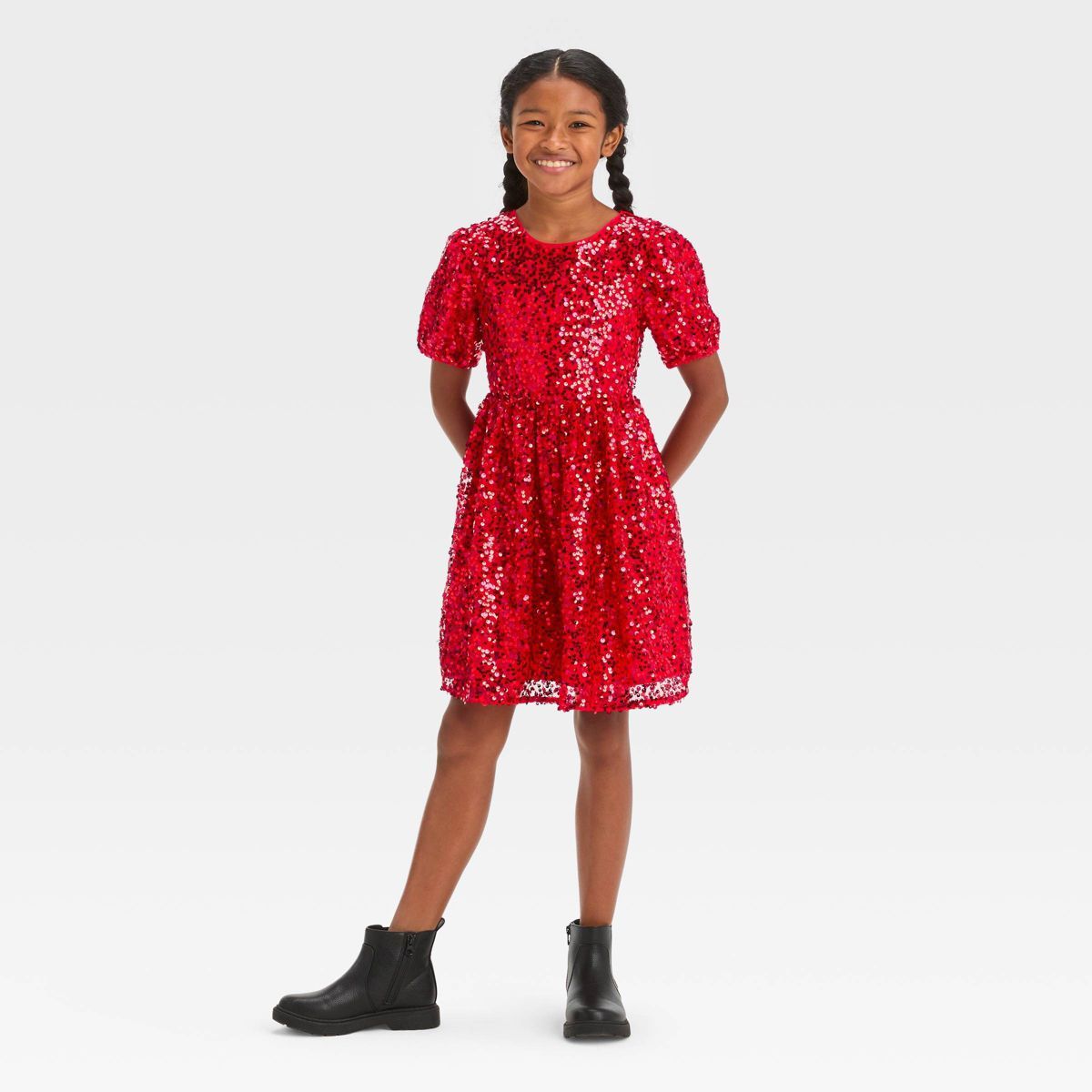 Girls' Short Puff Sleeve Sequin Dress - Cat & Jack™ Red | Target