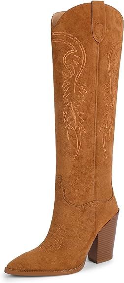 ISNOM Women's Western Boots Knee High Boots, Cowboy Cowgirl Embroidered Chunky Block Heel Pointed... | Amazon (US)
