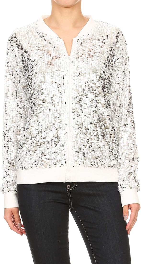 ANNA-KACI Damen Glitzer Pailletten Dünne Rib Rop Langarm Reißverschluss Bomberjacke Fliegenjack... | Amazon (DE)