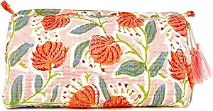 Block Print Designer Toiletry Bag & Makeup Case - Boho Floral Quilted Pouch for Cosmetics, Skinca... | Amazon (US)