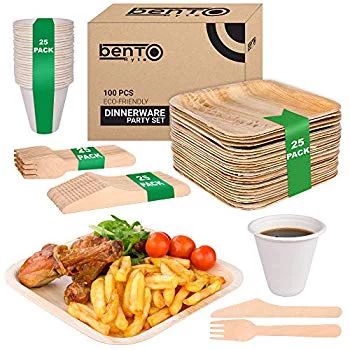 100pcs Party Disposable Set - 25 8' Areca Palm Leaf Plates, 25 Wooden Knives, 25 Wooden Forks, 25 Ba | Walmart (US)