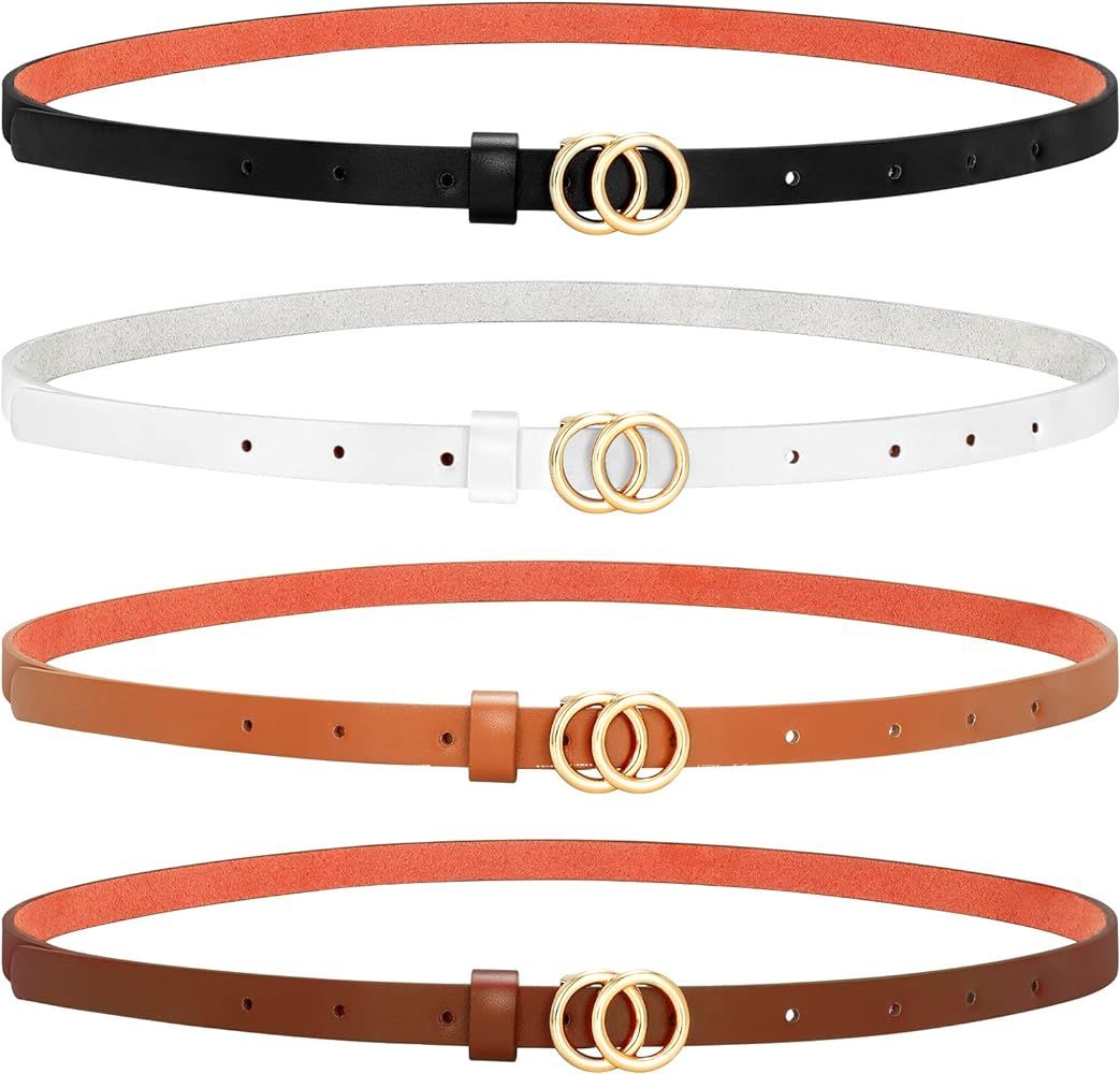 SANSTHS Skinny Belts for Women, 4 Set Thin Faux Leather Belts with Gold Double O Buckle for Jeans... | Amazon (US)