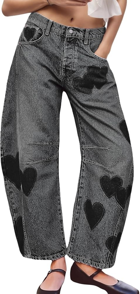 LifeShe Women's Wide Leg Baggy Jeans Low Waist Heart Barrel Loose Jean Valentine's Day Denim Pant... | Amazon (US)
