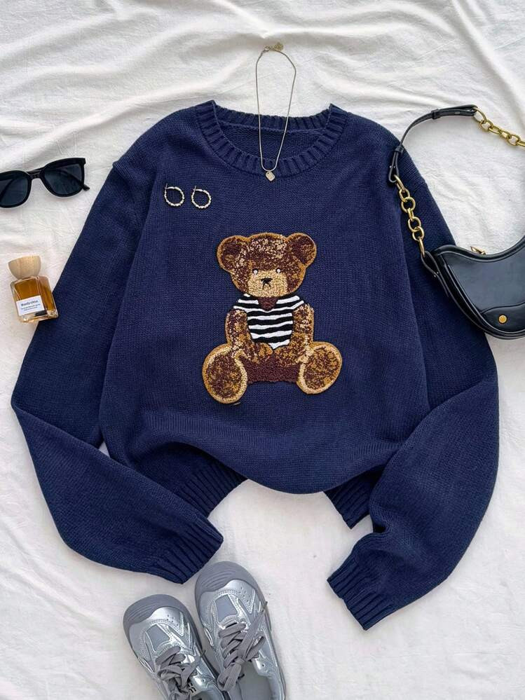 SHEIN Teenage Girl Oversized Crew Neck Casual Bear Graphic Long Sleeve Pullover Sweater In Blue, ... | SHEIN