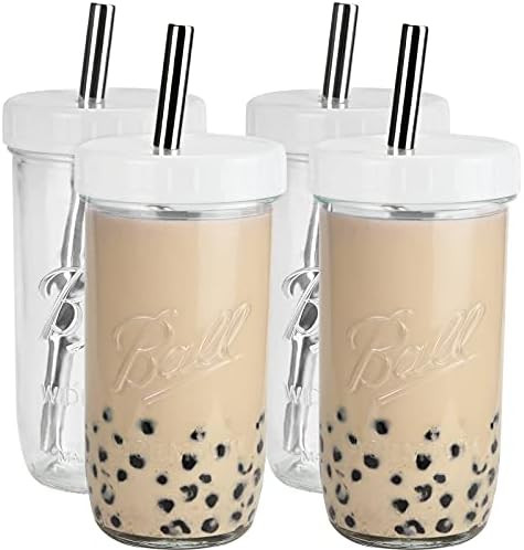 Mixrug Glass Bubble Tea Cups 4 Pack 24 oz, Reusable Wide Mouth Smoothie Cups, Iced Coffee Cups Wi... | Amazon (US)