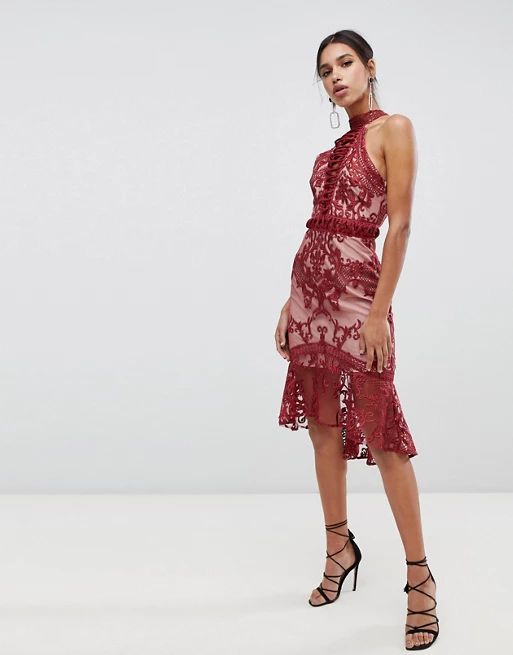 True Decadence high neck peplum hem lace pencil dress in berry | ASOS US