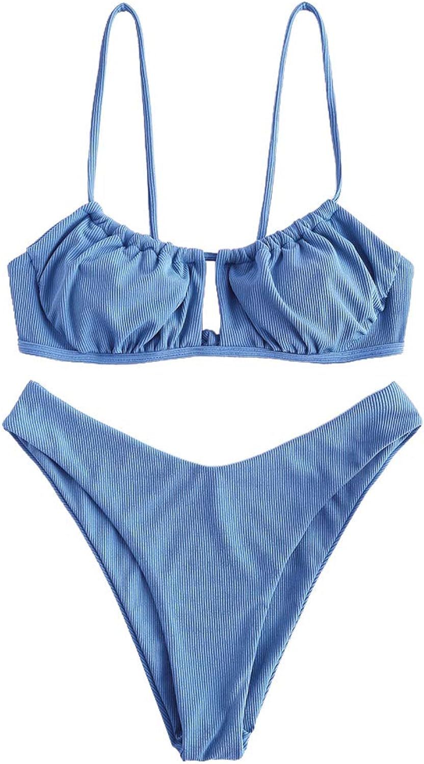 ZAFUL Women's Spaghetti Strap Cutout Keyhole Ruched Tie Cami Bikini Set Swimsuit | Amazon (US)