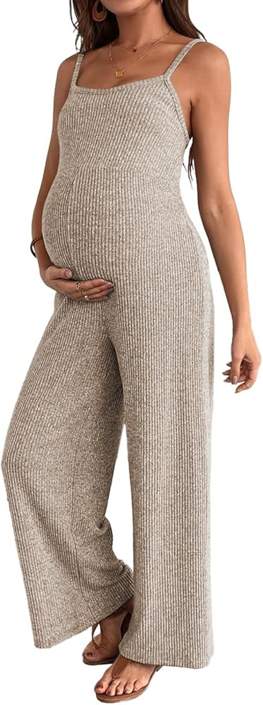 BLENCOT Maternity Ribbed Jumpsuit Sleeveless Square Neck Wide Leg Stretchy One Piece Romper | Amazon (US)