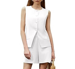 Women's Summer 2 Piece Outfits Sleeveless Round Neck Button Down High Waisted Pants 2024 Business... | Amazon (US)