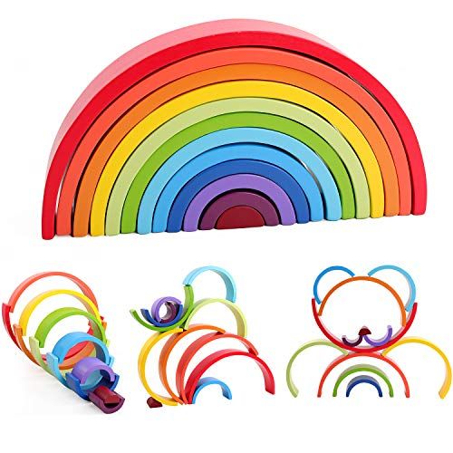 Lewo Wooden Rainbow Stacker Nesting Puzzle Blocks Educational Toys for Kids Baby Toddlers | Amazon (US)