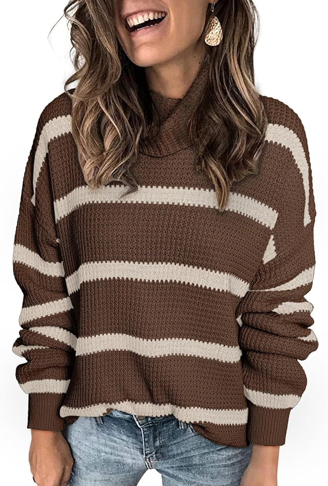 Dokotoo Sweaters for Women Casual Long Sleeve Turtleneck Knit Striped Color Block Loose Pullover ... | Amazon (US)