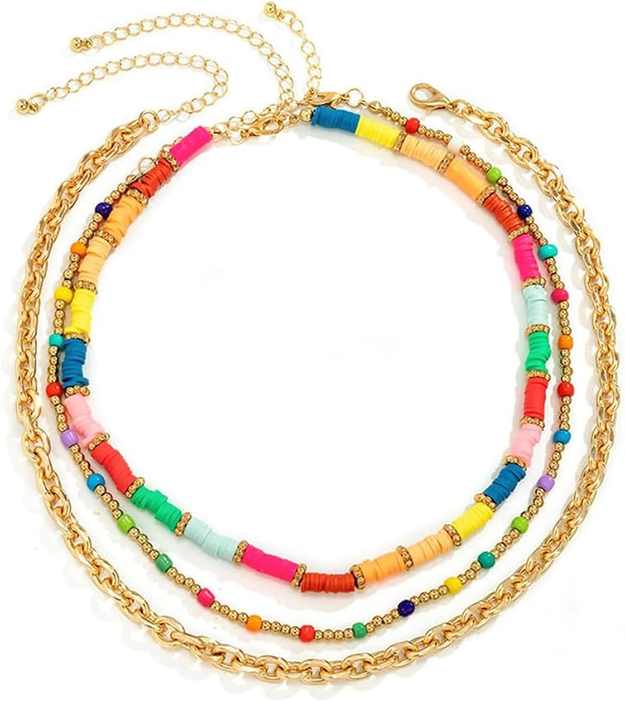 Wiwpar Layered Heishi Choker Necklace Heishi Beads Chain Necklace Gold Surfer Choker Necklace Boh... | Amazon (US)