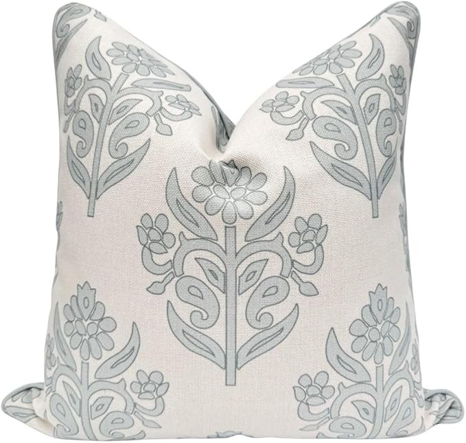 “The Naples” Floral Block Print Pillow Cover – Grey and White Blue Decorative Throw Pillow ... | Amazon (US)