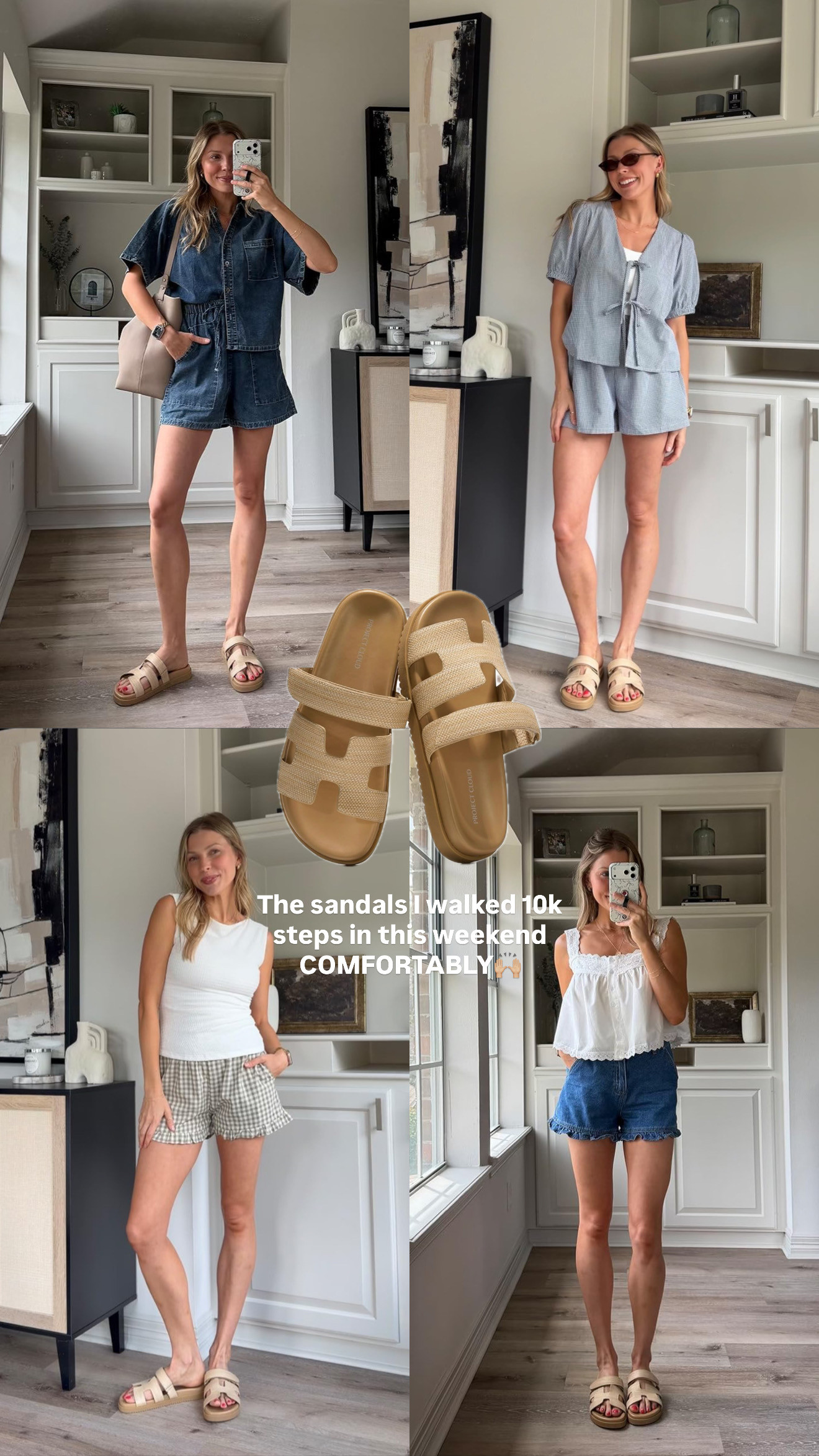 Comfy sandals I live in in the spring and summer! S denim set, M gingham set, S white tank, S boxer shorts, S flowy tank, 2 ruffle shorts. 

 #LTKootd