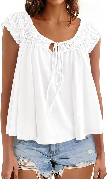 Womens Summer Babydoll Flowy Peplum Tops Cute Cap Ruffle Sleeve Blouse | Amazon (US)