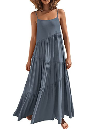 ANRABESS Women Summer Casual Loose Sleeveless Sundress Spaghetti Strap Flowy Boho Linen Beach Vacation Maxi Long Dress Gray Blue Medium | Amazon (US)