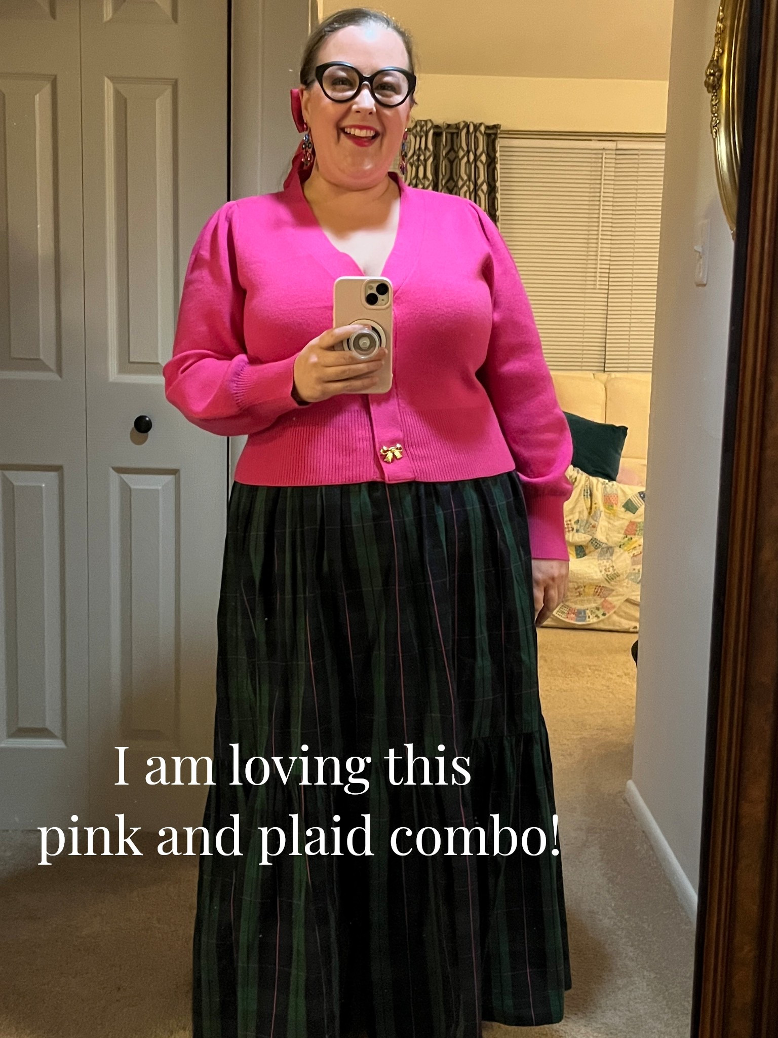 I am loving this Crown and Ivy sweater! ((So much so I bought it in three other colors!!)) The bow details align with my style personality so much! This maxi skirt is LONG for my 5’ 3” frame. But, pulled up high, with short booties, it did just fine. I love the pink details in the plaid, almost like a super girly Black Watch?! I have lost 92 pounds since last February, so my sizes are fluctuating constantly. This pink sweater is a petite, XL. And it fits my shoulders perfectly! The other colors I own are in the “regular” size xl, and I need to go down, the sleeves are tinge too long  

#LTKSeasonal #LTKMidsize #LTKPlusSize