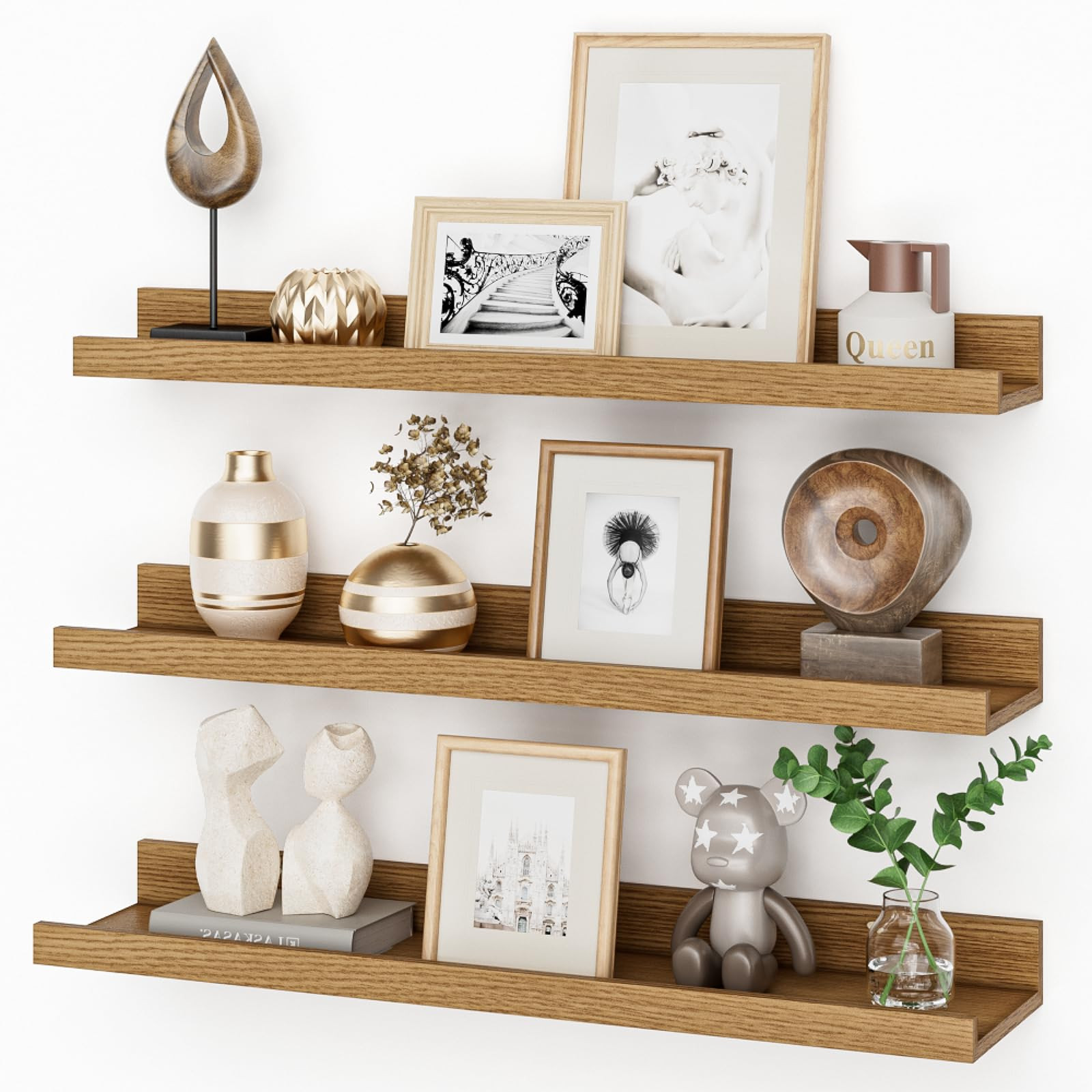 Heimlove 24 Inch Picture Ledge Shelf with Lip,Floating Shelves for Wall Set of 3,Wall Shelves in Varying Depths for Living Room,Bedroom,Nursery,Bookshelf - Natural Oak | Amazon (US)