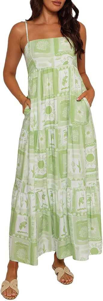 Women Spaghetti Strap Maxi Dress Colorful A Line Swing Long Smocked Picnic Dress Boho Beach Vacat... | Amazon (US)