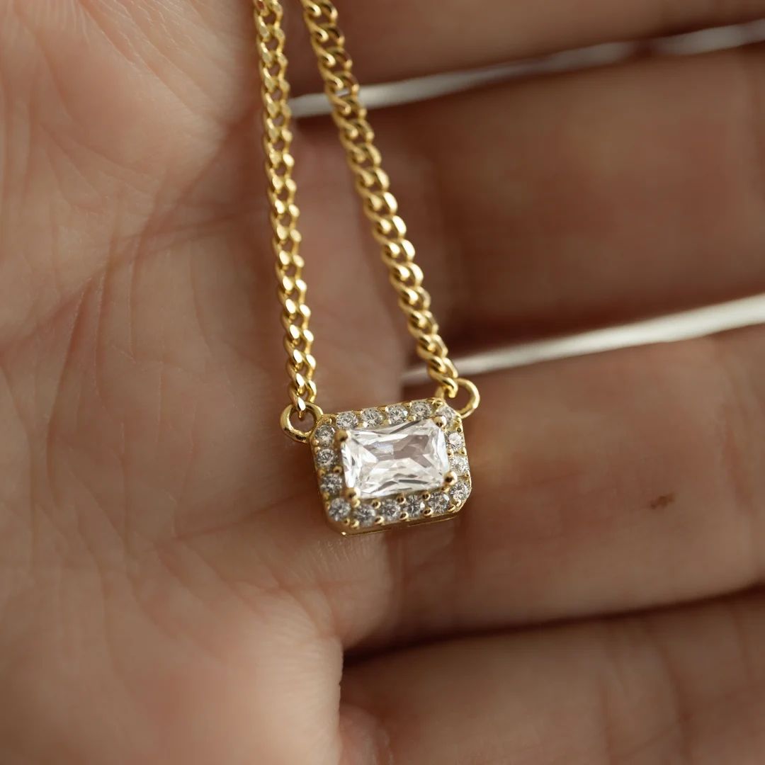 Diamond Necklace, Dainty Gold Necklace, Baguette Necklace, Gift for Her, Diamond Necklace, CZ Nec... | Etsy (US)