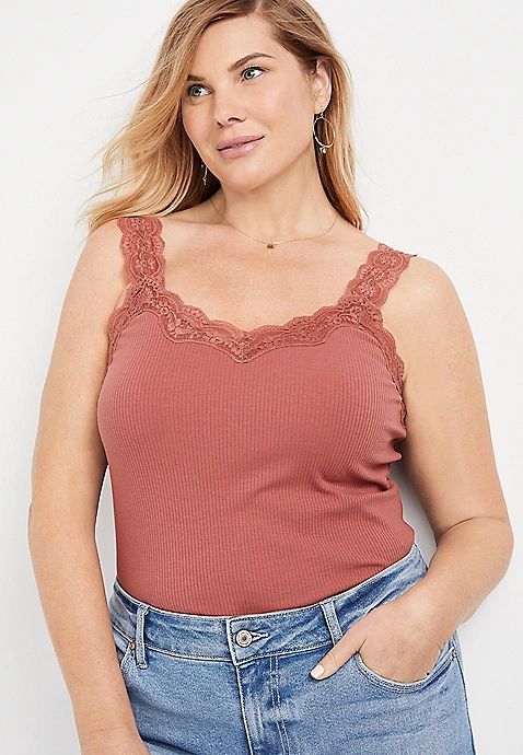 Plus Size Solid Lace Trim Ribbed Tank Top | Maurices