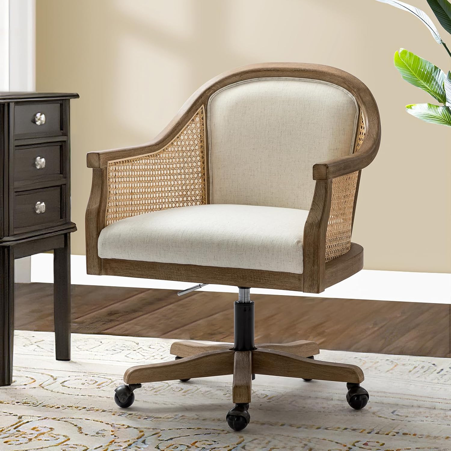 TINA'S HOME Rattan Desk Chair, Wooden Upholstered Home Office Chair, Ivory | Amazon (US)