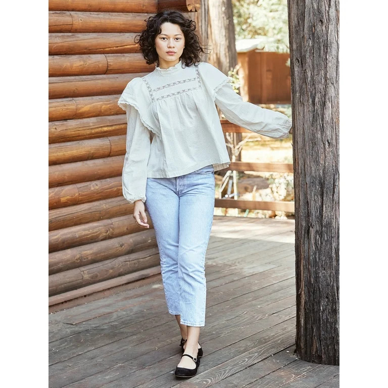 The Get Women's Long Sleeve Lace Trim Top | Walmart (US)