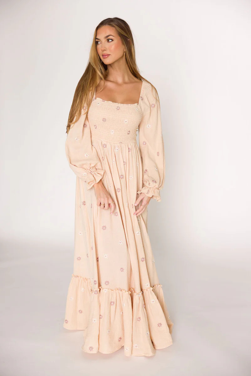 Emmie Embroidered Floral Maxi Dress in Cream | Worth Collective