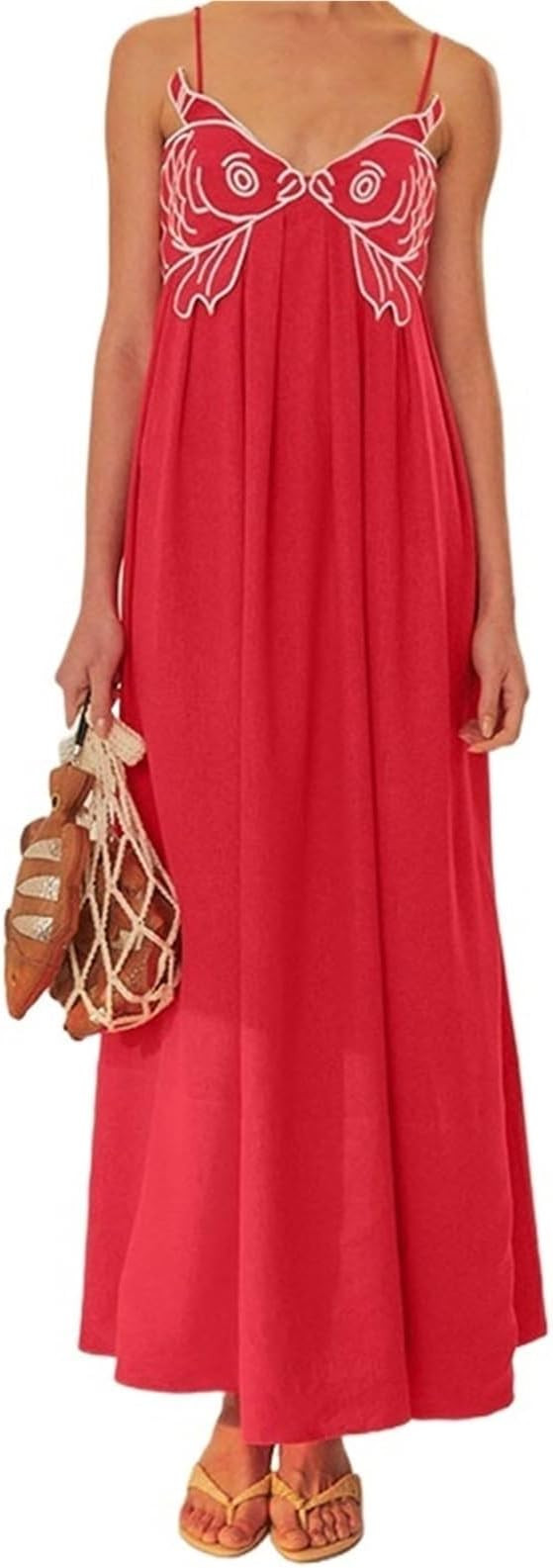 Embroidered Spaghetti Strap Flowy Maxi Dress Women Koi Fish Long Cami Summer Vacation Beach V Nec... | Amazon (US)