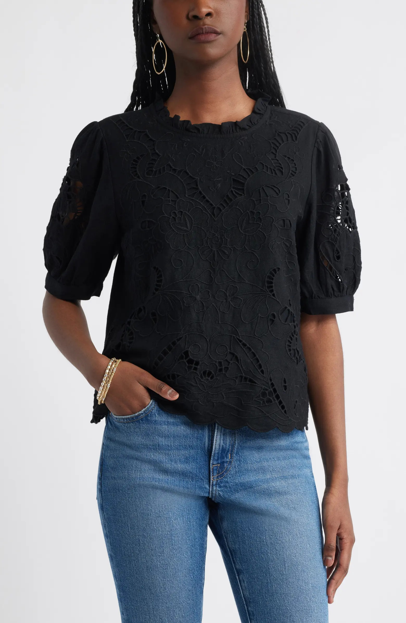 Embroidered Cutwork Puff Sleeve Linen Blend Top | Nordstrom