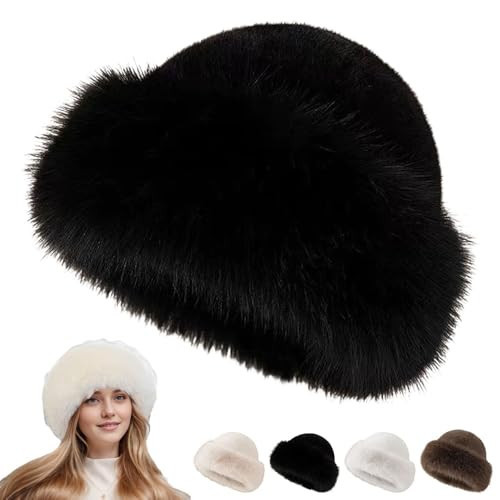 Womens Winter Faux Fur Bucket Hat, 2026 New Fluffy Furry Warm Hat, Soft Plush Fisherman Cap for Cold Weather (Black) | Amazon (US)