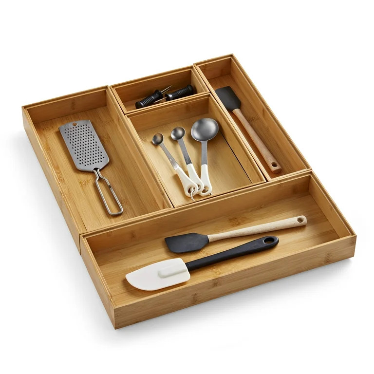 Better Homes & Gardens Bamboo Drawer Organizer 5pc Set, 17.9Wx 14.96Dx1.97H in, Natural Bamboo Co... | Walmart (US)