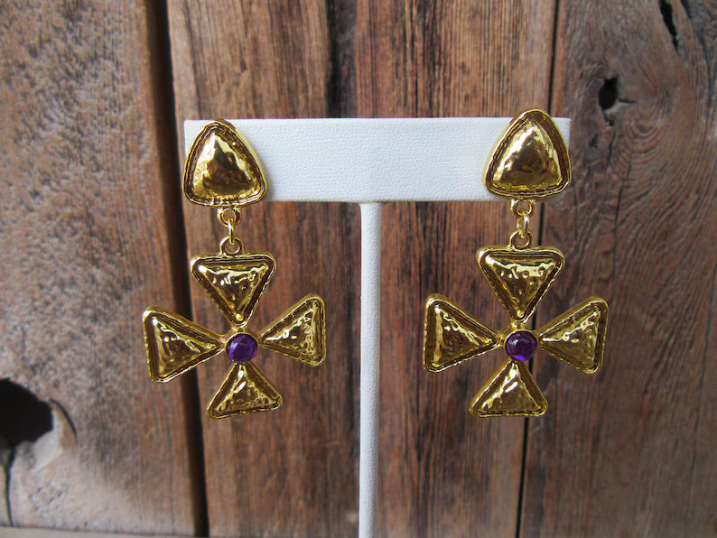 90s Baroque Gold Tone Dangle Earrings Modernist Earrings - Etsy | Etsy (US)