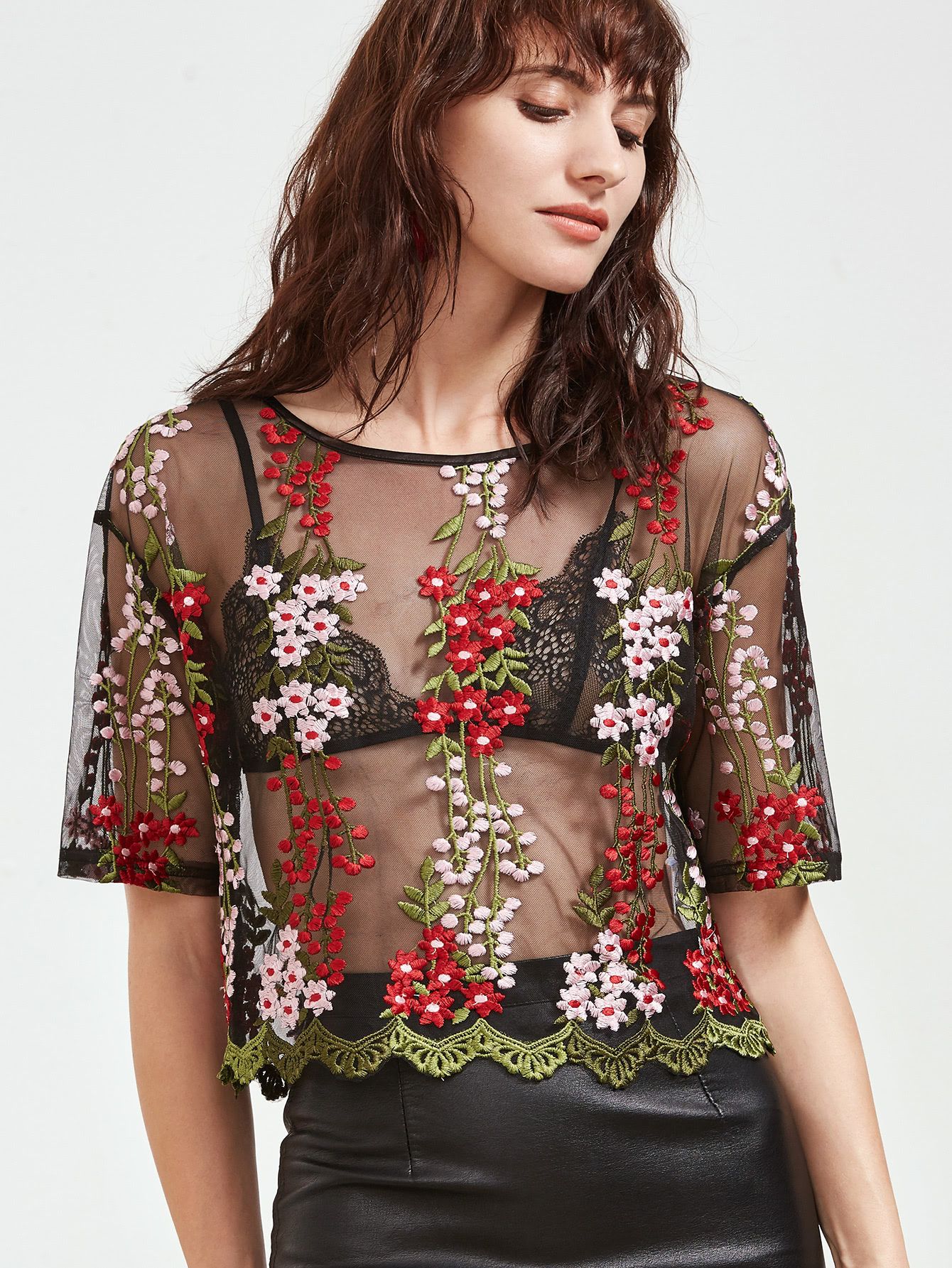 Lace Trim Blossom Embroidered Mesh Top | SHEIN