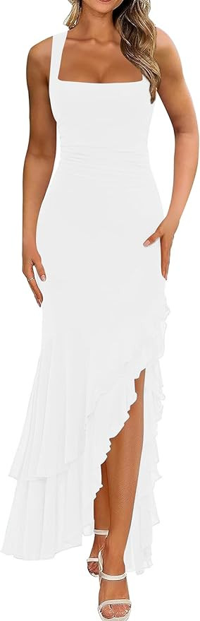 BORIFLORS Women's Elegant Bodycon Ruched Maxi Cocktail Dress Mesh Sleeveless Mermaid Ruffle Beach... | Amazon (US)