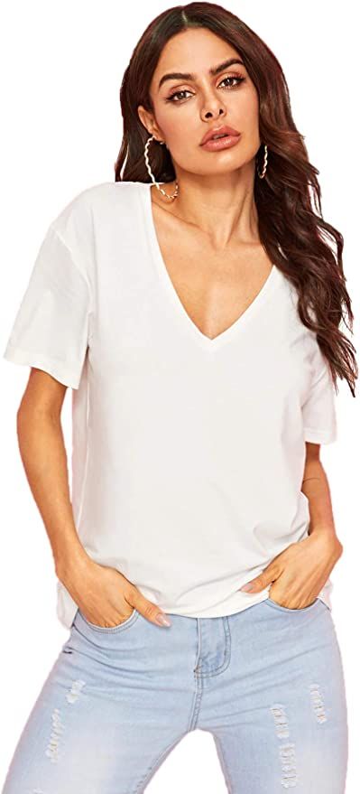 SheIn Women's Summer Teen Basic V Neck Short Sleeve Loose Casual Tee T-Shirt Top | Amazon (US)
