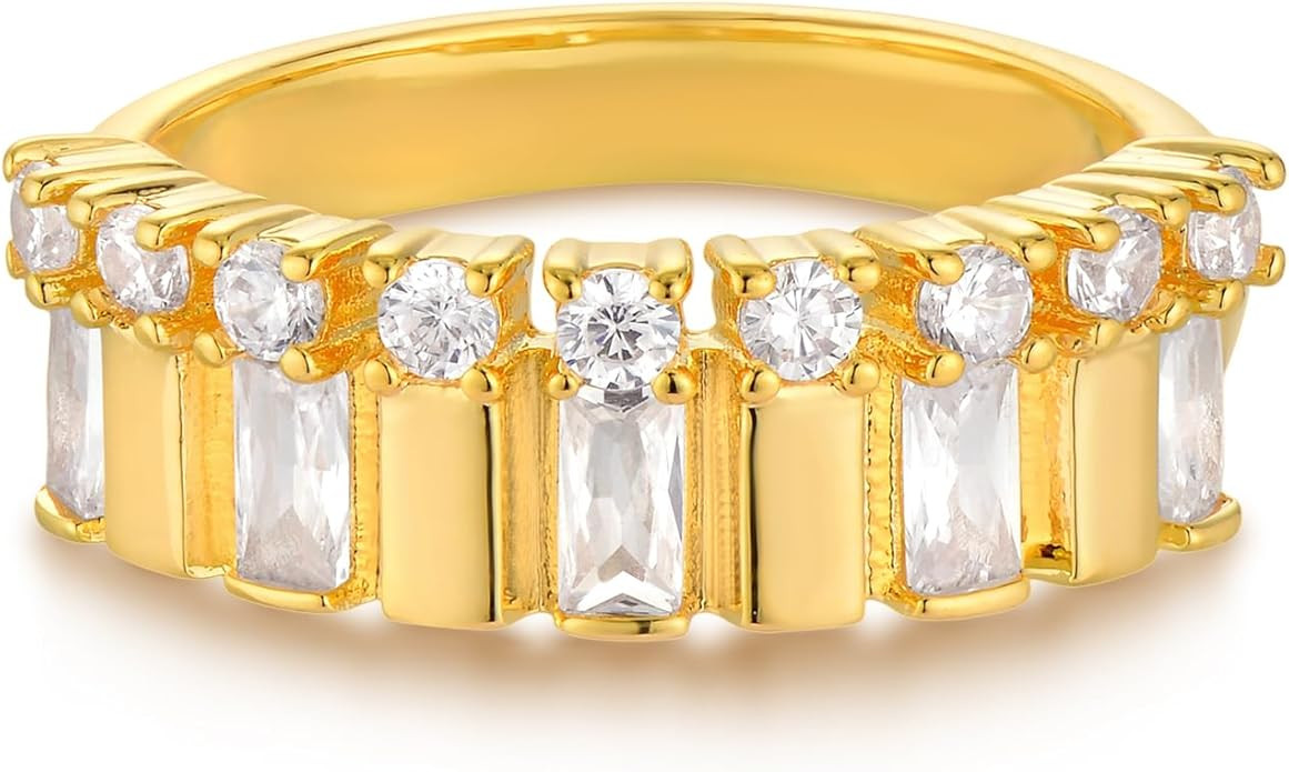 Gold Ribbed Ring for Women 14K Gold Plated Minimalist Stack Diamond Cubic Zirconia Wide Band Fing... | Amazon (US)