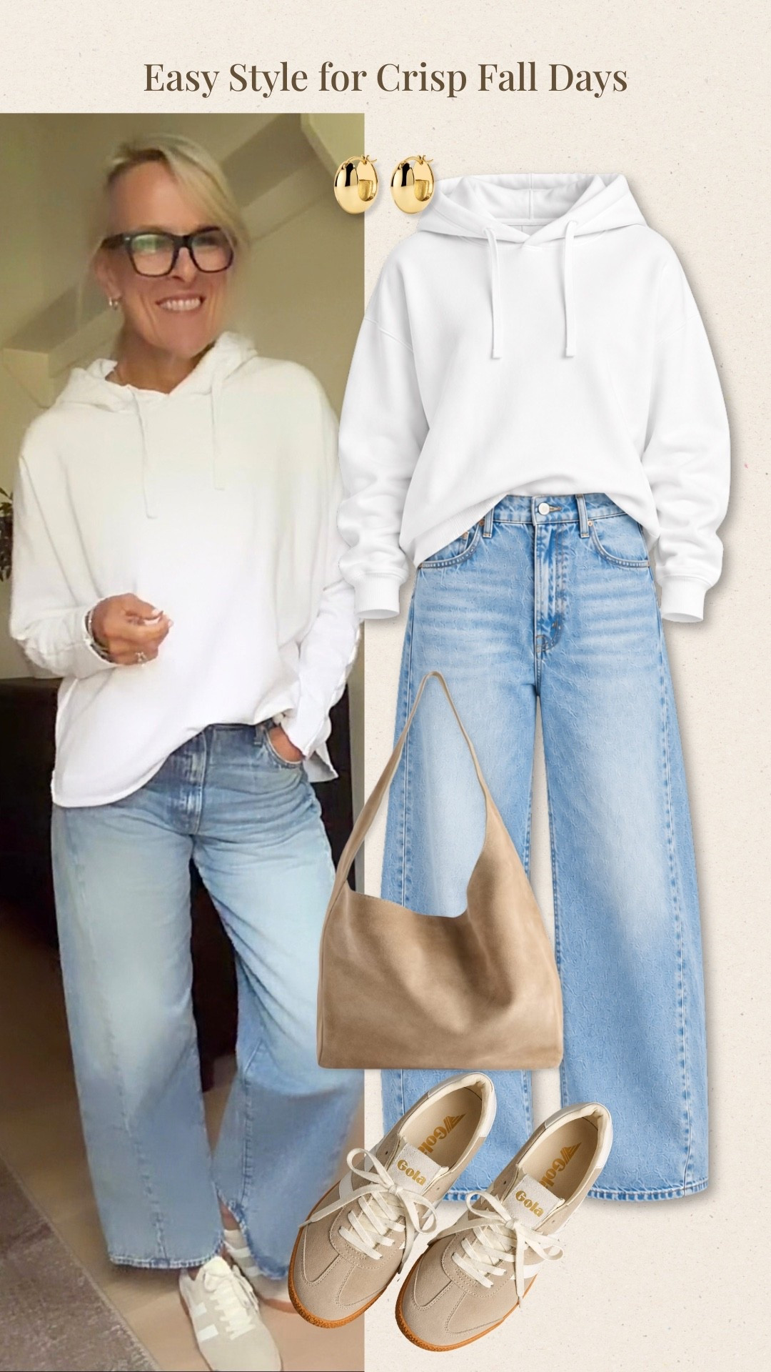 A white hoodie and light-wash wide-leg jeans are such an easy combination for crisp fall days. Paired with neutral sneakers and a taupe shoulder bag, this casual outfit is comfortable, versatile, and perfect for errands, coffee runs, or relaxed weekends.
