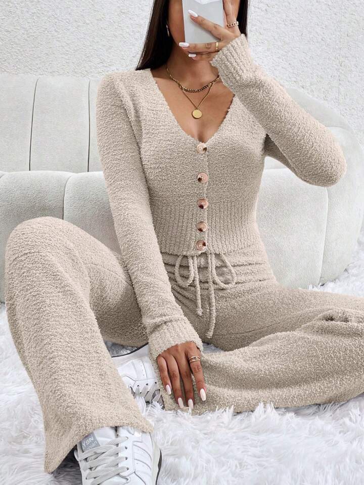 SHEIN Essnce Women's Long Sleeve Cardigan And Drawstring Waist Sweater Pants Two-piece Set | SHEIN