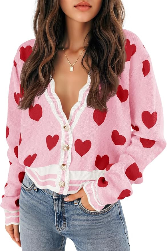 Saodimallsu Womens Cute Heart Cardigan Sweaters Button V Neck Long Sleeve Color Block Knit Valent... | Amazon (US)