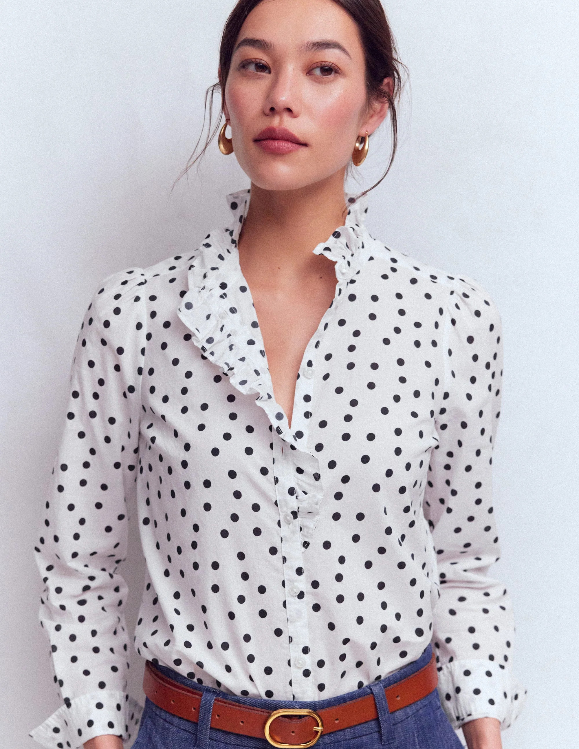 Isabel Ruffle Cotton Shirt-Ivory and Navy Spot | Boden UK