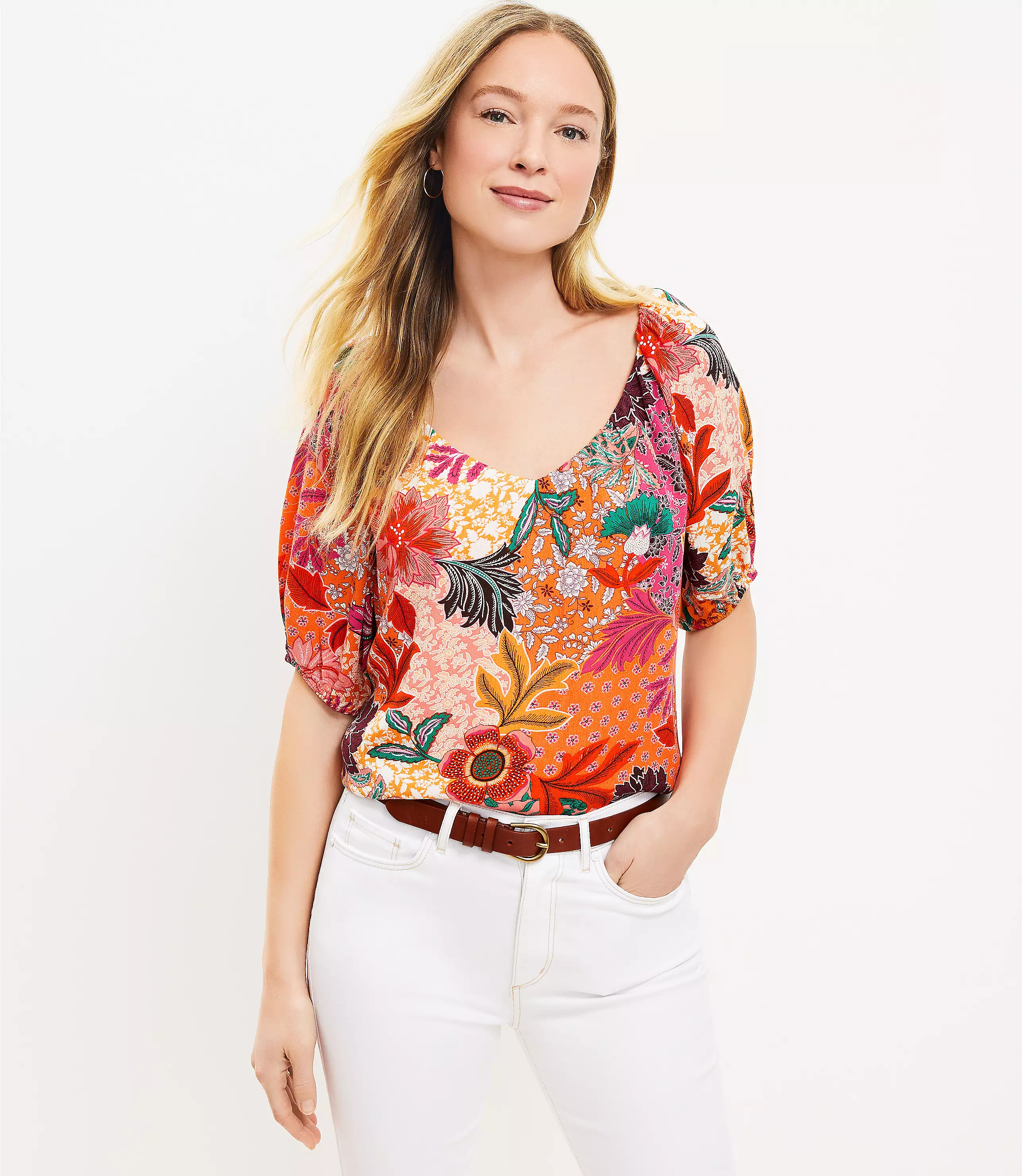 Patchwork Bloom Sweetheart Neck Blouse | LOFT