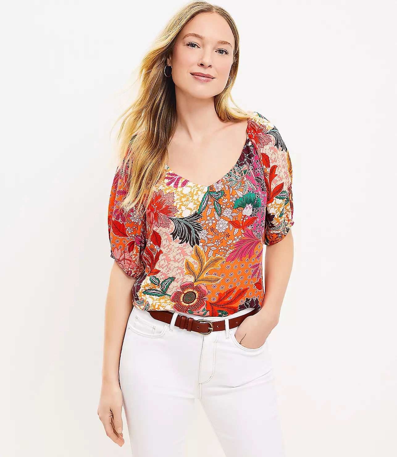 Patchwork Bloom Sweetheart Neck Blouse | LOFT