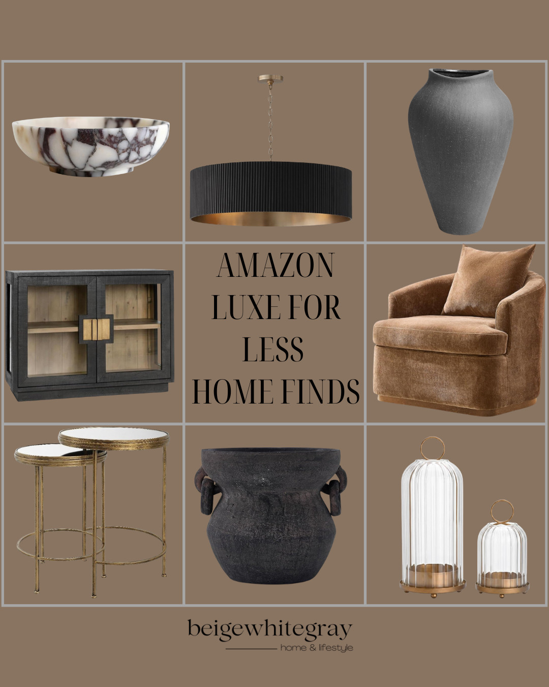 Amazon Luxe for Less Home Finds:
Amazon luxe for less, Amazon home finds, Amazon luxury home finds, designer inspired Amazon finds, affordable luxury home decor, elevated Amazon decor, Amazon furniture finds, luxury home decor, moody home decor, brown accent chair, velvet accent chair, black display cabinet, black home decor, marble decorative bowl, black vase, brass side tables, gold accent tables, modern chandelier, black and gold lighting, glass hurricane candle holders, transitional home decor, organic modern home, designer look for less, high end Amazon finds

#LTKHome