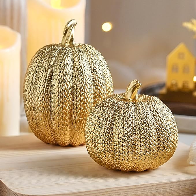 Pumpkin Fall Decor Indoor - Gold Pumpkin for Decorating, 2Pcs Resin Pumpkins Decor with Woven Eff... | Amazon (US)