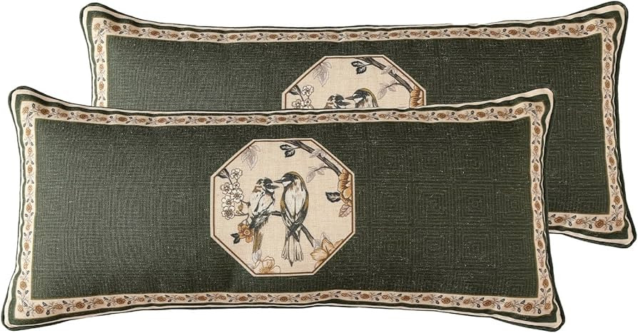 ISAENNE Design Linen Chinoiserie Lumbar Throw Pillow Covers 12"x28" Pack of 2, Farmhouse Cushion ... | Amazon (US)