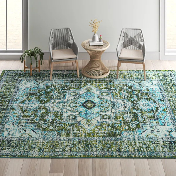 Ferriera Power Loom Performance Dark Green/Ivory/Teal Rug | Wayfair North America