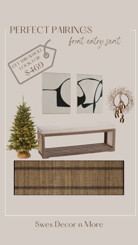 Affordable Pairings...entryway bench holiday version, featuring the new Ángela Rose x Loloi runner, McGee and Co brass bells, neutral wreath, 4 foot mini tree, and bench from TJMaxx

#LTKHoliday #LTKhome #LTKunder100