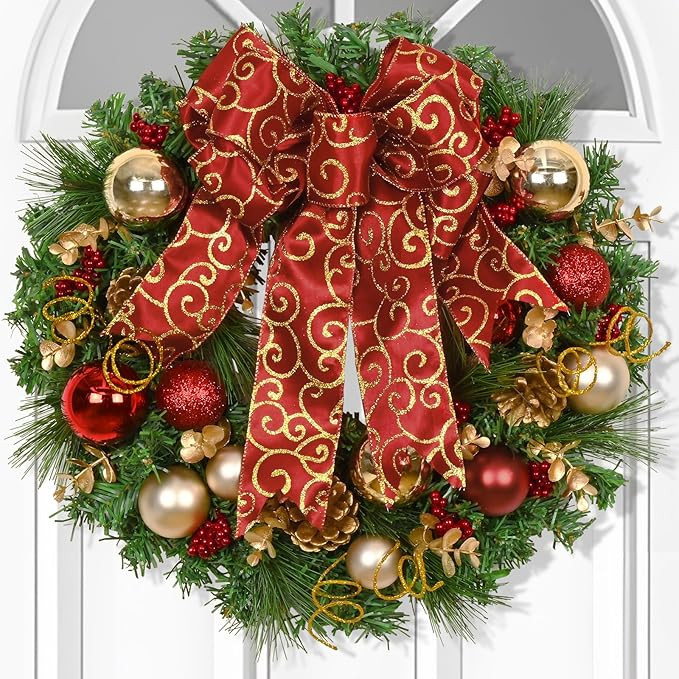 Christmas Wreath Christmas Decorations - 16" Christmas Wreaths for Front Door, Red Bow Christmas ... | Amazon (US)