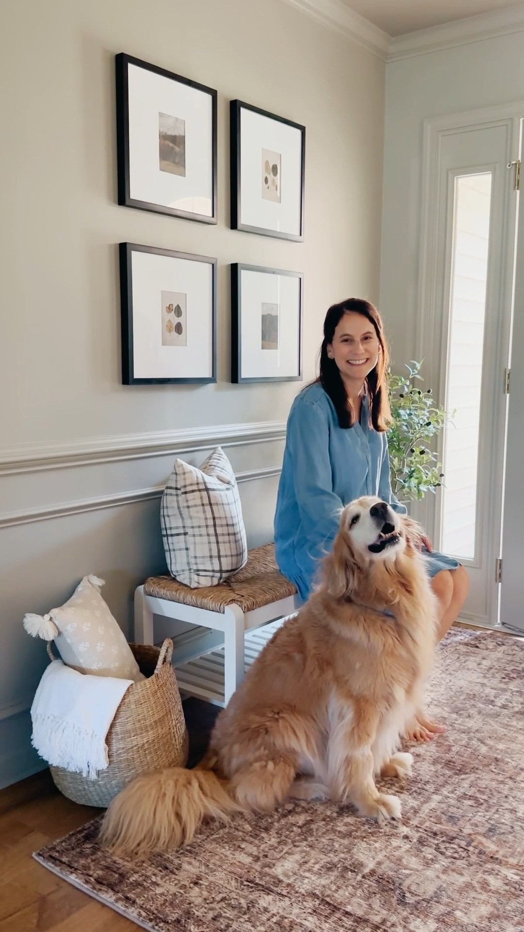 Entryway makeover, wood entryway bench, arched gold antique wall mirror, gallery picture frames, faux olive tree, seagrass baskets, paintable outlet covers, custom doorbell cover, vintage look area rug, vintage glass doorknob. Fall entryway decor, cozy decor

#LTKVideo #LTKHome